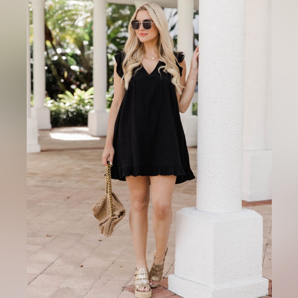 Pink Lily Boutique Black Guaze Romper Summer Dress V neck ruffle sleeves size L